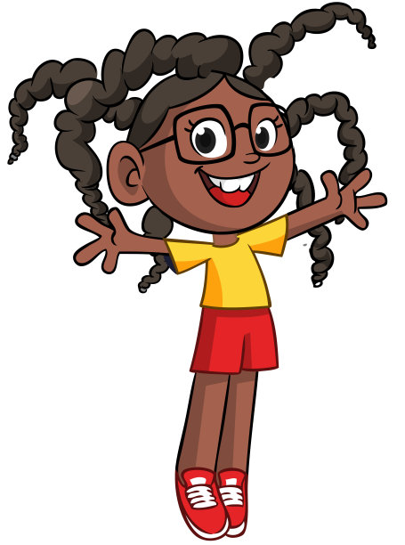 可爱的年轻非裔美国女孩，头戴脏辫，挥手致意矢量卡通插画，青少年休闲街头服饰展示图片下载