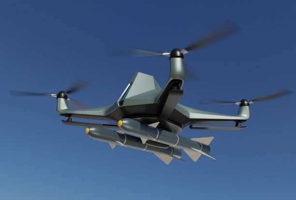 军用无人机装备导弹在空中飞行图片下载