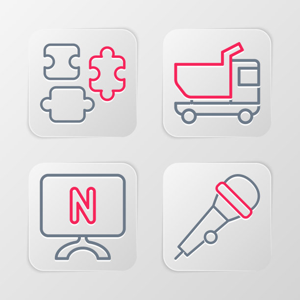 设置线麦克风，智能电视，玩具卡车和拼图片玩具图标。向量图片下载