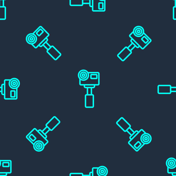 绿线行动极端相机图标隔离无缝图案在蓝色背景。用于拍摄极限运动的摄像机设备。向量图片下载