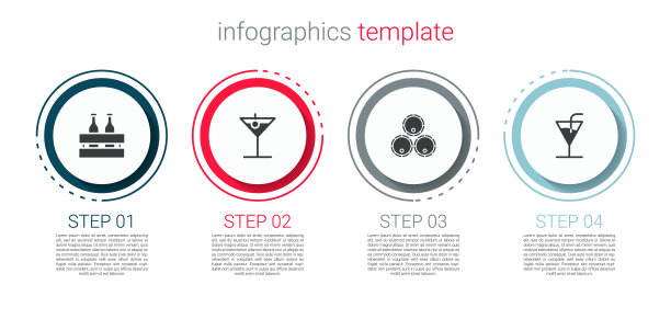 套装啤酒瓶，马提尼酒杯，木桶和鸡尾酒。业务信息图表模板。向量图片下载