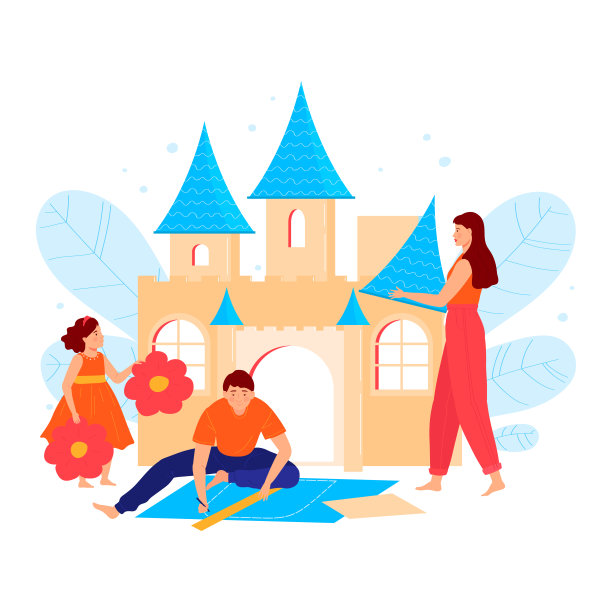 年轻家庭用纸建造城堡，母亲、父亲和女儿快乐地共度时光，卡通矢量插画图片下载