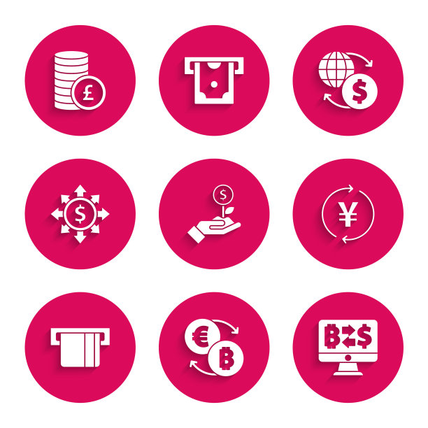 集美元工厂，加密货币交换，硬币货币与日元，信用卡插入，美元，分享，网络，货币和英镑图标。向量图片下载