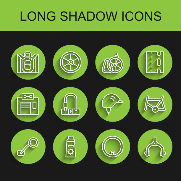 设线自行车后视镜，防晒乳管，徒步背包，车轮，制动卡钳，锁，框架和头盔图标。向量图片下载