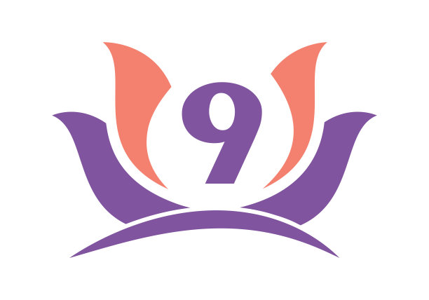 字母9标志与莲花设计符号矢量模板。图片下载
