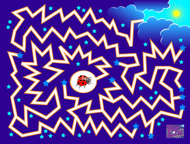 逻辑益智游戏与迷宫为儿童和成人。帮助瓢虫找到通往太阳的路。可打印页的孩子脑筋急转弯书。矢量卡通图像。图片下载