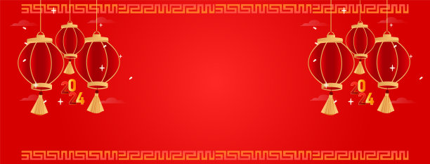 庆祝中国新年的封面横幅。春节红包设计。红包设计模板。2024年中国新年快乐Facebook横幅或封面照片，亮红色和中国挂灯笼。Facebook的节日横幅图片下载