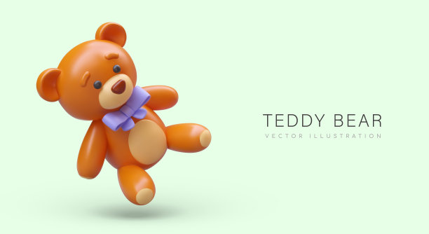 现实的泰迪熊，脖子上有蓝色的蝴蝶结。可爱的儿童玩具。生日礼物图片下载