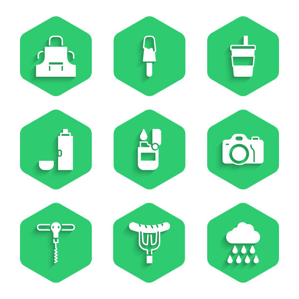 设置打火机，香肠在叉子上，云与雨，照相机，葡萄酒开瓶器，保温瓶容器，纸玻璃水和厨房围裙图标。向量图片下载