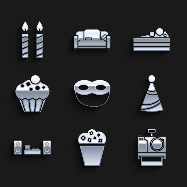 集节日面具，爆米花在纸箱，照相机，聚会帽，家庭立体声与两个扬声器，松饼，蛋糕和生日蛋糕蜡烛图标。向量图片下载