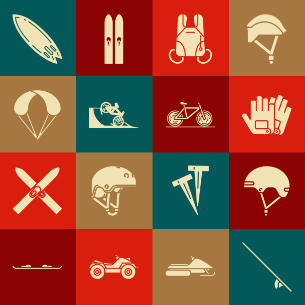设置冲浪板，头盔，手套，降落伞，自行车在街道坡道，和图标。向量图片下载