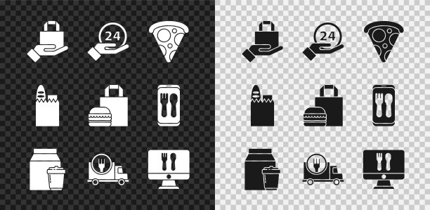 集在线订购和配送，24小时计时，披萨片，快速乘车，购物袋食品和汉堡icon。向量图片下载