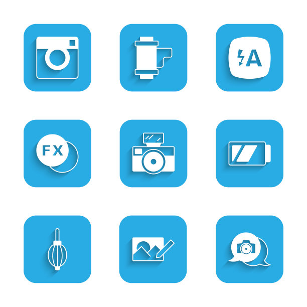 设置相机闪光灯，修图，电池，风机，fx，自动和图标。向量图片下载