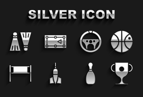 飞镖、篮球、奖杯、保龄球瓶、排球网、方向盘、游泳脚蹼和台球桌图标矢量图图片下载