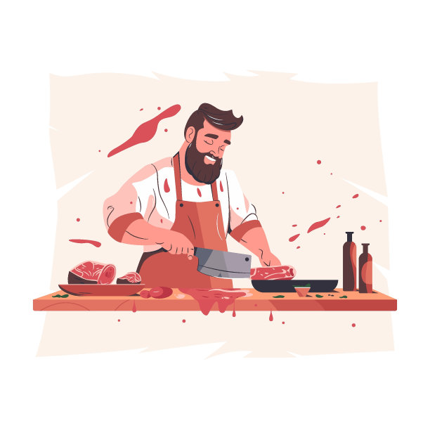 卡通屠夫在煮肉。厨师用刀在围裙上切牛排，新鲜牛肉、猪肉、羊肉牛排出售。屠宰店烹饪概念。矢量图图片下载