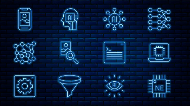 集处理器CPU，神经网络，照片修图，手机，Web开发人员编程代码和人形机器人图标。向量图片下载