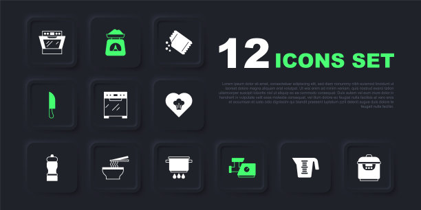 设置量杯，慢炖锅，烤箱，厨房绞肉机，刀，亚洲面条碗，鳞片和烹饪锅上的火图标。向量图片下载