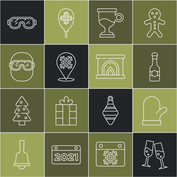 设置线香槟，圣诞手套，香槟瓶，热葡萄酒，雪花，滑雪护目镜，和室内壁炉图标。向量图片下载