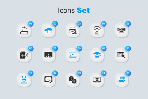 设置毕业帽在笔记本电脑，在线课程，云或在线图书馆，教育，图书捐赠，苹果和播放视频图标。向量图片下载