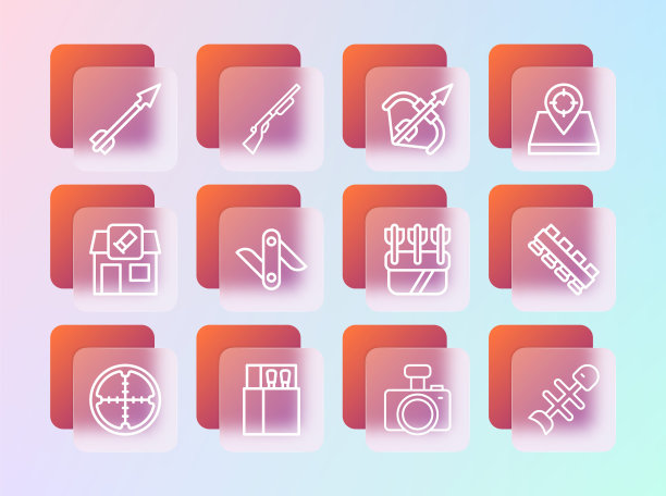 设置线狩猎地点，打开火柴盒和火柴，箭袋，照相机，瑞士军刀，中世纪弓，和狩猎枪图标。向量图片下载