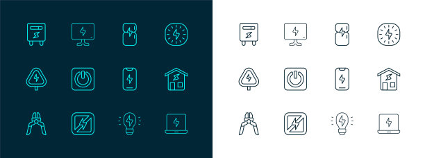 设置线路闪电，无闪电，手机，创意灯的想法，电源按钮，冰箱，电表和智能电视图标。向量图片下载