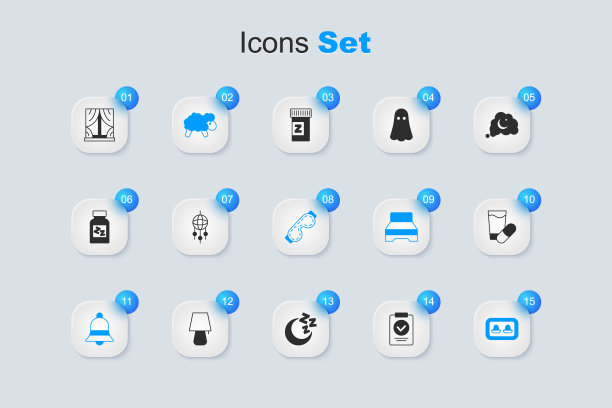 集医疗处方，捕梦网与羽毛，羊，铃声，耳塞存储盒，安眠药，窗帘和眼睛睡眠眼罩图标。向量图片下载