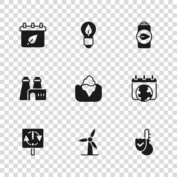 集风力涡轮机，世界地球日，温度计，冰山，生态自然叶电池，日历与秋叶，灯泡和工厂生产图标。向量图片下载