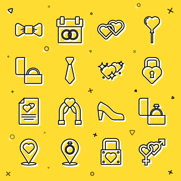 集线性别，钻石订婚戒指，城堡的形状的心，两个相连的心，领带，领结和图标。向量图片下载