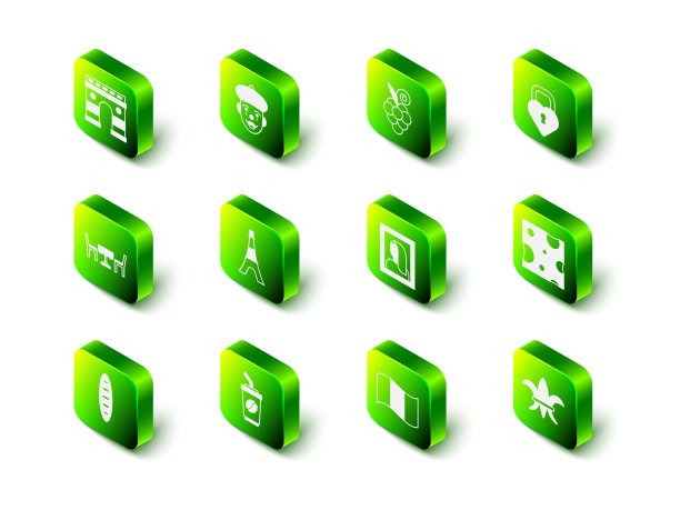 集法国哑剧，葡萄水果，城堡在心脏的形状，奶酪，芙蓉德莱斯，肖像图片博物馆，国旗法国和咖啡杯去图标。向量图片下载