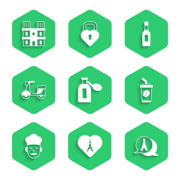 集香水，埃菲尔铁塔与心，咖啡杯去，库克，摩托车，香槟瓶和巴黎圣母院的标志。向量图片下载