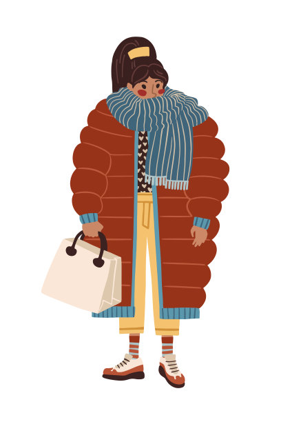 平面矢量多样化冬季时尚女性插图时尚女性卡通人物多样性拉丁女孩插图红色羽绒服外套围巾购物袋时尚服装冬季时尚图片下载