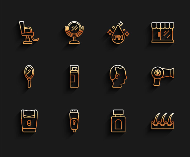 设定线电动剃须刀片，理发店椅子，须后水，人体毛囊，剃须凝胶泡沫，吹风机和秃顶图标。向量图片下载