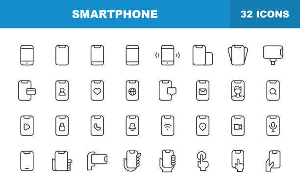 智能手机线路图标。可编辑的中风。包含数字显示、娱乐、游戏、互联网、信息、网上购物、智能手机、社交媒体等图标。图片下载
