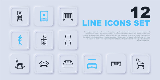 设置线电视桌架，扶手椅，家具床头柜与灯，外套，沙发，衣柜和床垫图标。向量图片下载