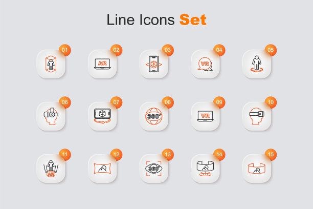 设置线360度视图，广角图片，增强现实AR，虚拟眼镜，和图标。向量图片下载