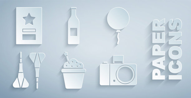 集蛋糕，气球带，飞镖箭头，照相机，啤酒瓶和贺卡图标。向量图片下载