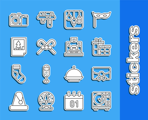 集线黑胶播放器与黑胶唱片，圣诞明信片，礼盒，灯，拐杖糖，照相机和室内壁炉图标。向量图片下载