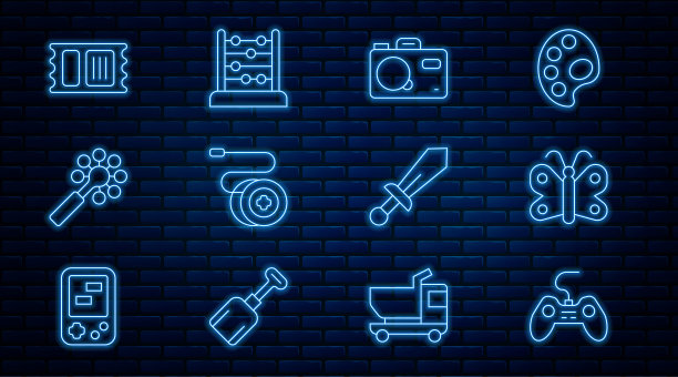 集线手柄，蝴蝶，相机，溜溜球玩具，拨浪鼓婴儿，马戏团门票，剑和算盘图标。向量图片下载