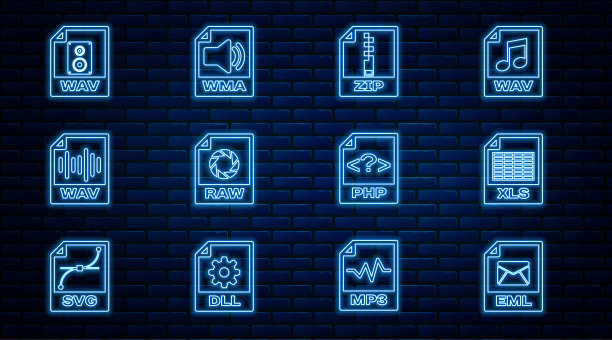 设置行EML文件文档，XLS, ZIP, RAW, WAV, PHP和WMA图标。向量图片下载
