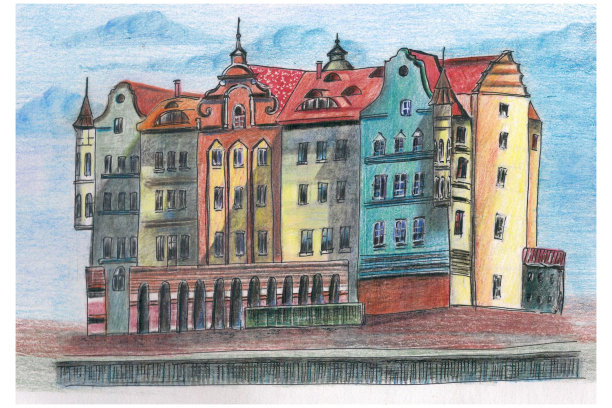 五颜六色的房子，孩子们的插图。有建筑物映衬着天空。有尖顶的屋顶。一本书的图片图片下载