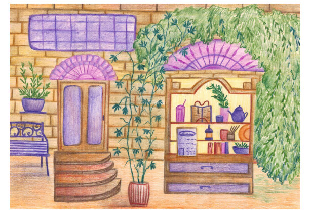 漂亮的商店橱窗铅笔插图。入口处有漂亮的攀缘植物，砖墙，水壶，窗口有菜单图片下载