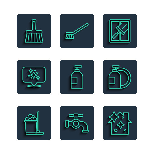 集拖把和水桶，水龙头，家庭清洁服务，橡胶清洁剂的窗户，洗洁精瓶，处理扫帚和图标。向量图片下载