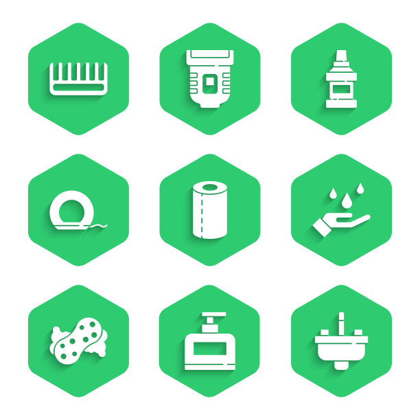 集纸巾卷，洗发瓶，洗脸盆水龙头，洗手皂，海绵，牙线，漱口瓶和发刷图标。向量图片下载