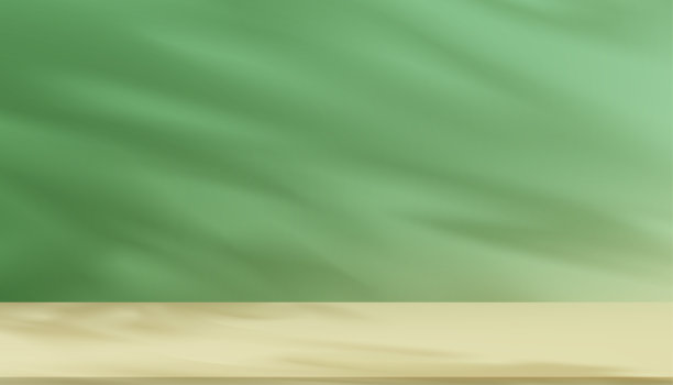 春天的背景，有光的空工作室，绿色的叶子阴影，墙壁和桌面的黄色渐变，背景模型展示平台，夏季产品展示图片下载