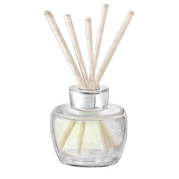 带有木棒的芳香扩散器玻璃瓶。水彩手绘插图孤立的白色背景。芳香疗法与健康生活理念图片下载