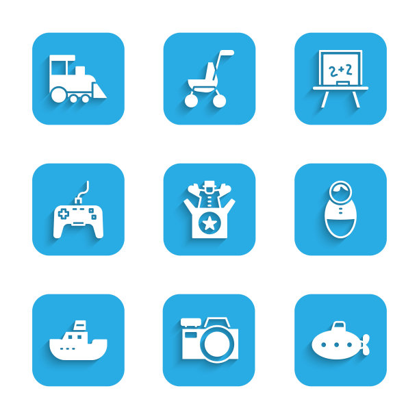 设置杰克在盒子里的玩具，照相机，潜艇，Tumbler娃娃，玩具船，手柄，黑板和火车图标。向量图片下载