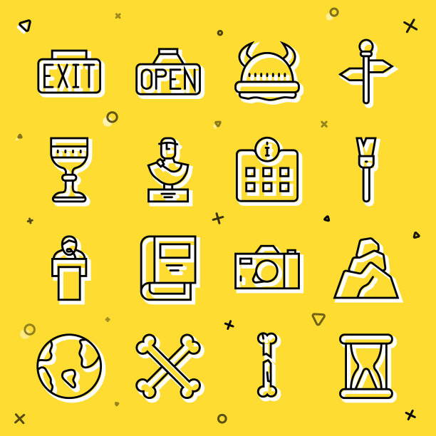 集线沙漏与沙子，石头，油漆刷，海盗角头盔，古代胸像雕塑，中世纪高脚杯，出口标志和信息图标。向量图片下载