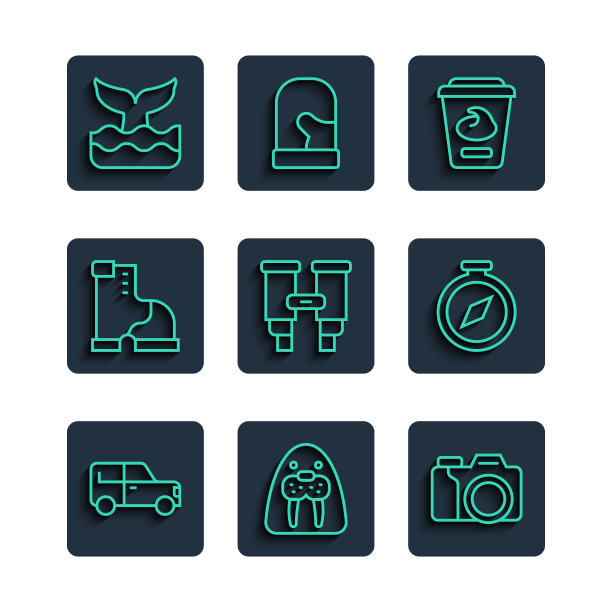 集线车，海象动物，照相机，酸奶容器，双筒望远镜，冬季保暖靴，鲸鱼尾巴和指南针图标。向量图片下载