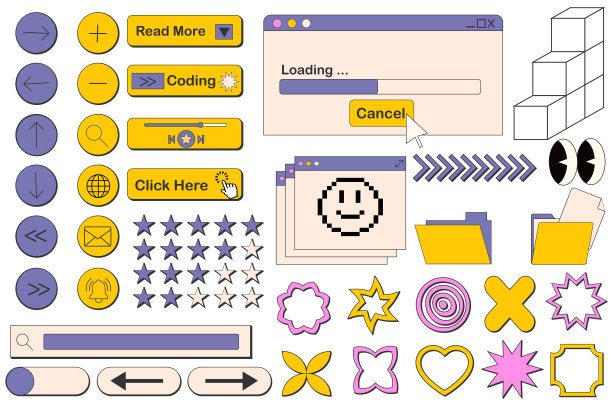 复古新野兽主义风格的电脑界面。窗口，社交媒体应用模板。80年代90年代的旧电脑UI元素和复古美学图标。怀旧复古操作系统图片下载