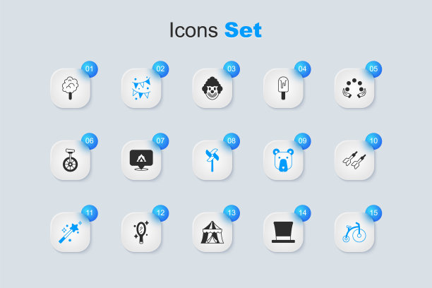 集汽缸帽，马戏团帐篷，嘉年华花环与旗帜，魔术棒，老式自行车，飞镖箭，棉花糖和风车玩具图标。向量图片下载